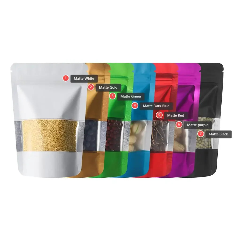 100Pcs Matte Aluminum Foil Mylar Bags Moisture Proof Self Standing Snack Storage Resealable Reusable Zipper Lock Pouches