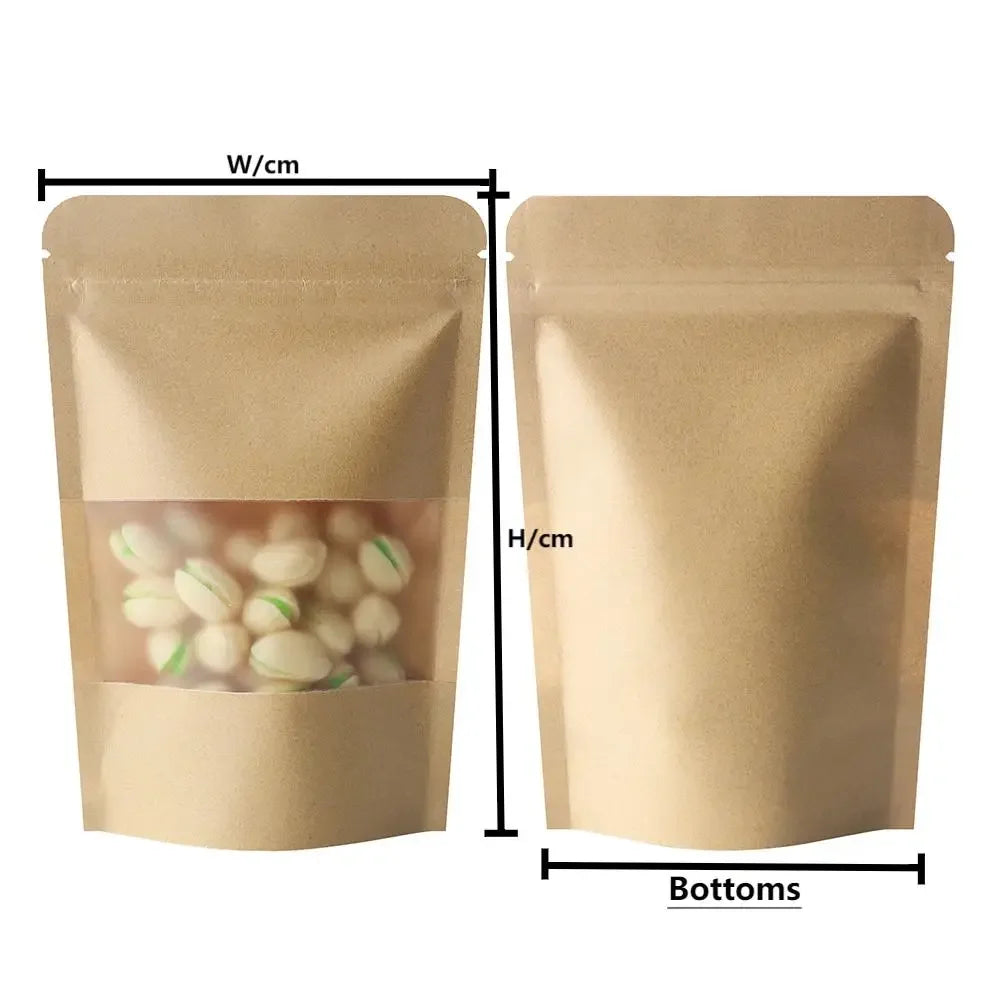 100Pcs Kraft Matte Stand Up Pouches with Visible Window Zipper Seal Self-Sealing Bags for Snacks Dried Fruits Tea Storage