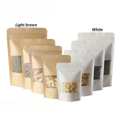 100Pcs Kraft Matte Stand Up Pouches with Visible Window Zipper Seal Self-Sealing Bags for Snacks Dried Fruits Tea Storage