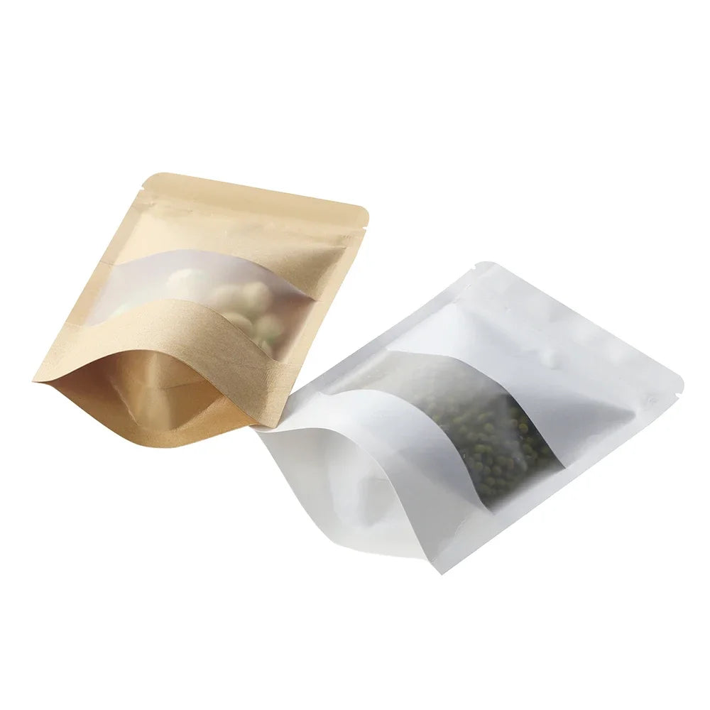 100Pcs Kraft Matte Stand Up Pouches with Visible Window Zipper Seal Self-Sealing Bags for Snacks Dried Fruits Tea Storage
