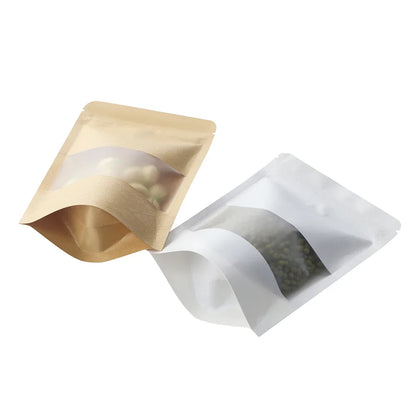 100Pcs Kraft Matte Stand Up Pouches with Visible Window Zipper Seal Self-Sealing Bags for Snacks Dried Fruits Tea Storage
